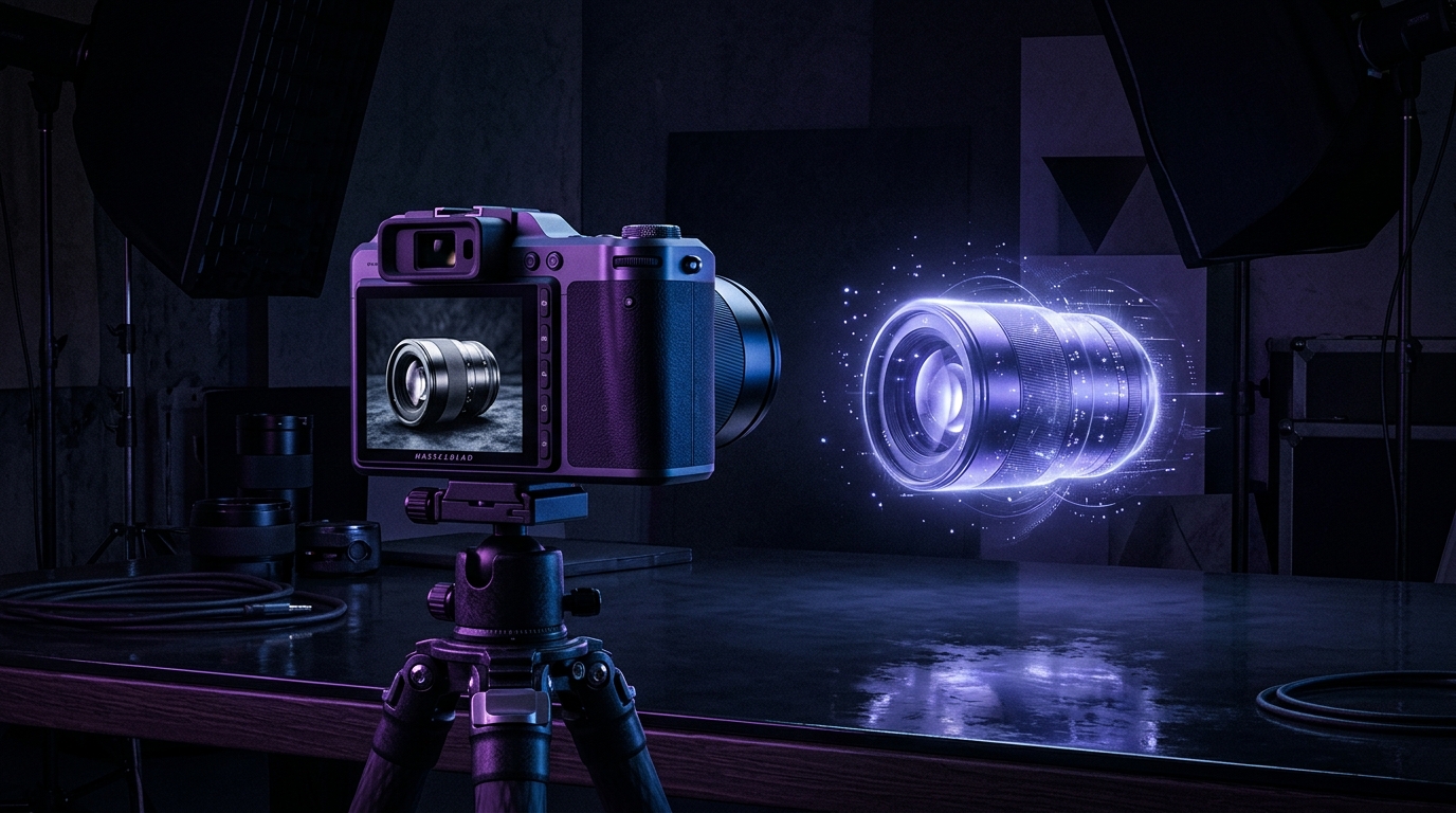 A professional camera setup in a dark studio with violet lighting and a holographic AI-processed product floating beside it