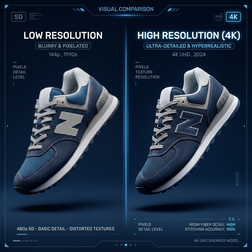 Visual comparison between low resolution distorted texture and 4K ultra-detailed high resolution texture