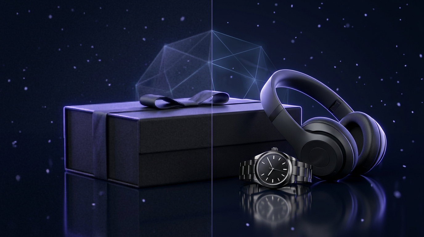 Gift box, wristwatch and headphones on a dark reflective surface with violet lighting, half pixelated and half sharp to show AI upscaling