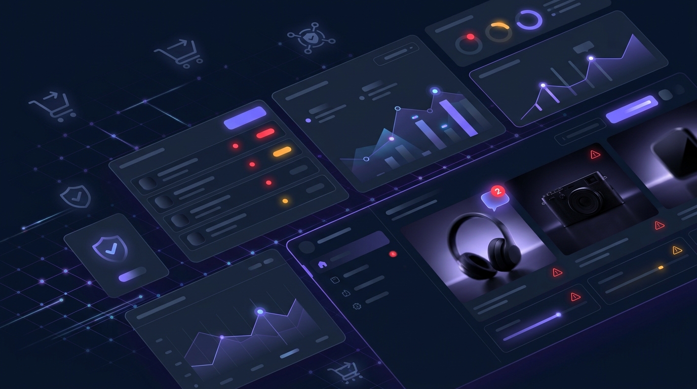 Dark-mode e-commerce dashboard showing product listing compliance warnings and marketplace alerts