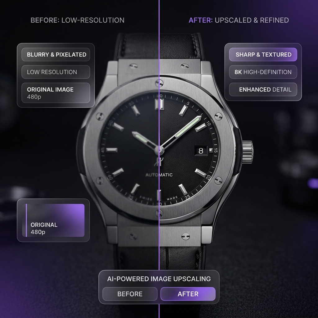 A split view comparing a blurry product watch photo with a high-resolution, texture-rich upscaled image.