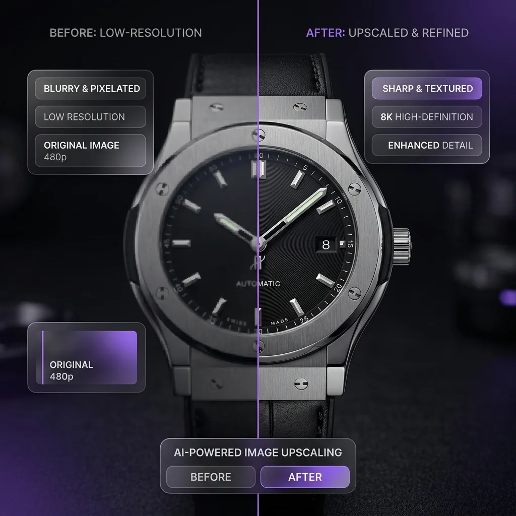 A split view comparing a soft, low-resolution product watch photo with a high-resolution, texture-rich upscaled image.