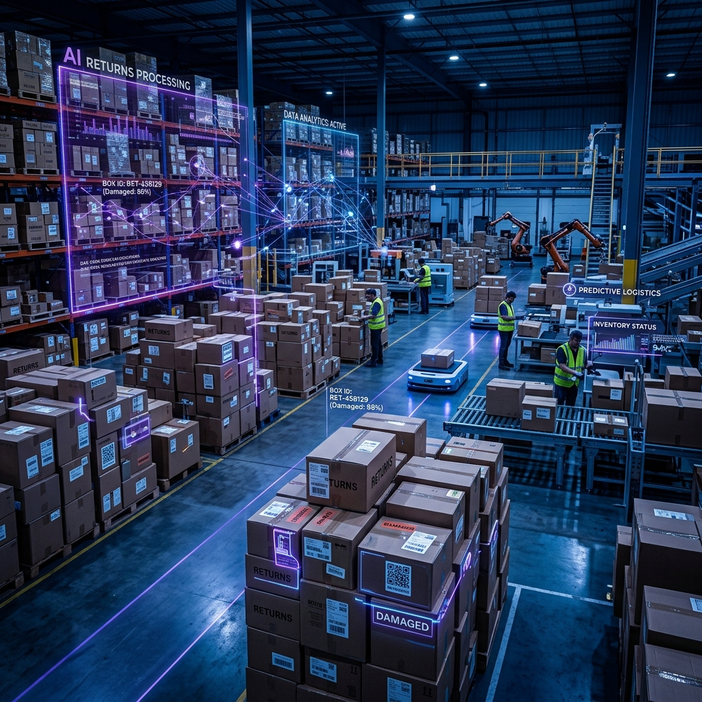 A modern e-commerce warehouse filled with stacked return boxes and digital overlay elements signifying AI and returns analytics