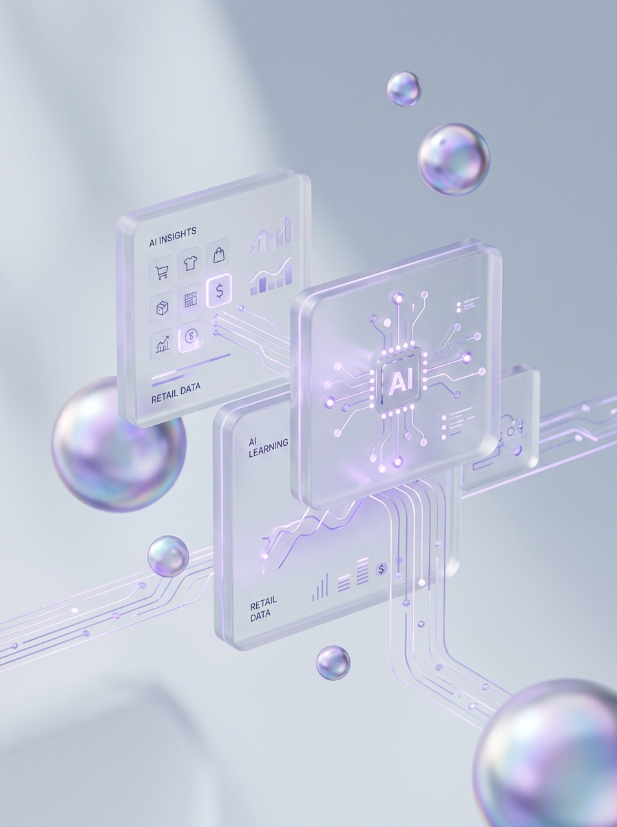 Abstract light lavender and violet 3D glass and neural elements representing AI e-commerce processing